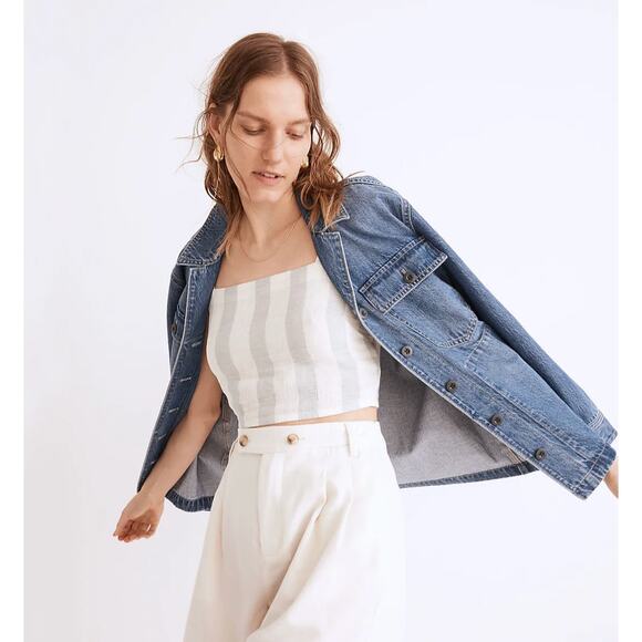 Madewell Linen Blend Abbie Crop Top in Blue White Stripe Size XL NWOT Coastal - Picture 2 of 8